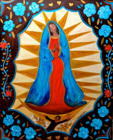 Sandy Vaillancourt, "Guadalupe with Blue Flowers" Framed Print