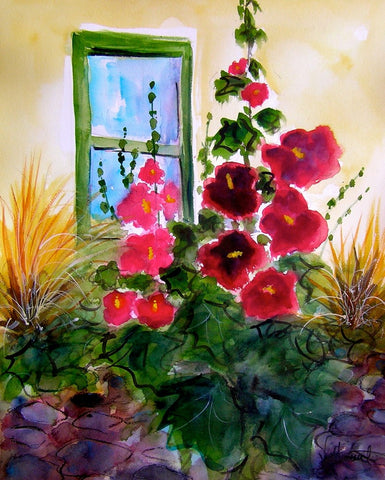 Sandy Vaillancourt "Hollyhocks and Adobe" Framed Print